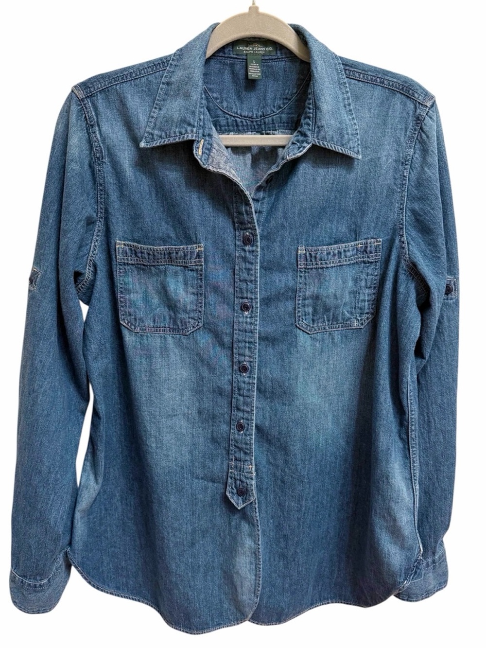 Lauren Ralph Lauren Chambray Shirt Women's Large Blue Button Up Lightweight Y2K